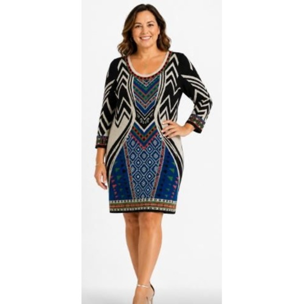 Flying Tomato Sweater Dress Medium Multicolor Aztec Geometric Knit‎ Mini Boho